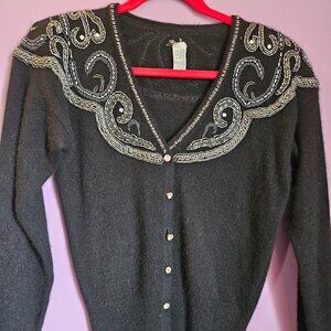 Vintage Black Cardigan Lambswool Beaded long sleeve size SMALL